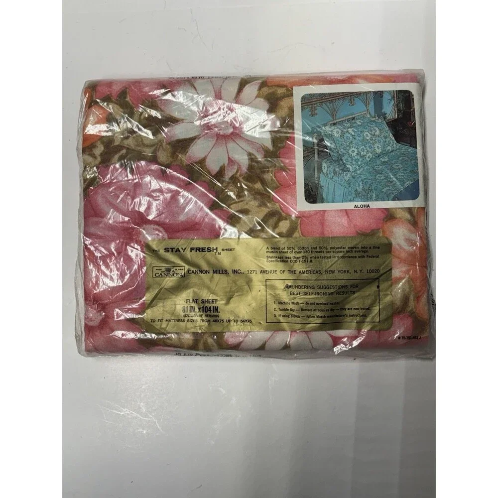 Vintage Cannon Monticello Aloha Full Flat Sheet NOS Pink Floral No Iron USA